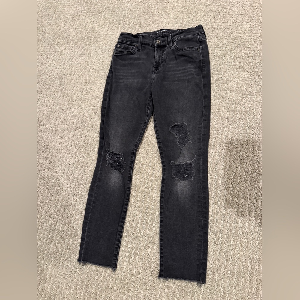 7 For All Mankind The Ankle Skinny Black Ripped Jeans Size 25 Short